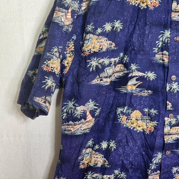 Pierre Cardin Vtg Blue Tropical Surfer Beach Scene ButtonUp Cotton Shirt Size XL - Picture 10 of 16